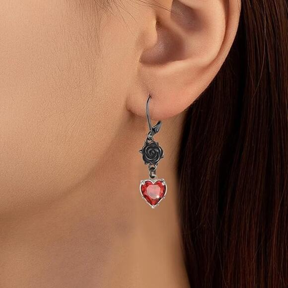 Crystal Earrings for Women Black Rose Flower Bat Skeleton Heart Crystal Earring - Picture 2 of 5